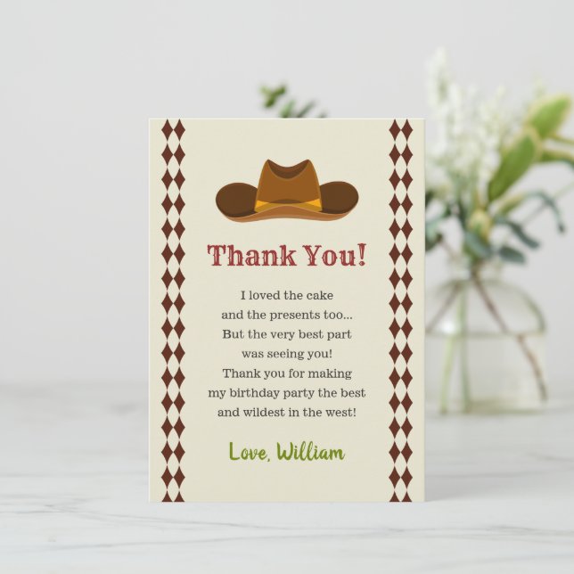 Wild West Saloon Cowboy Birthday Party Boys Kinder Dankeskarte (Stehend Vorderseite)