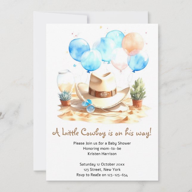 Wild West Watercolor Cowboy Baby Shower Einladung (Vorderseite)