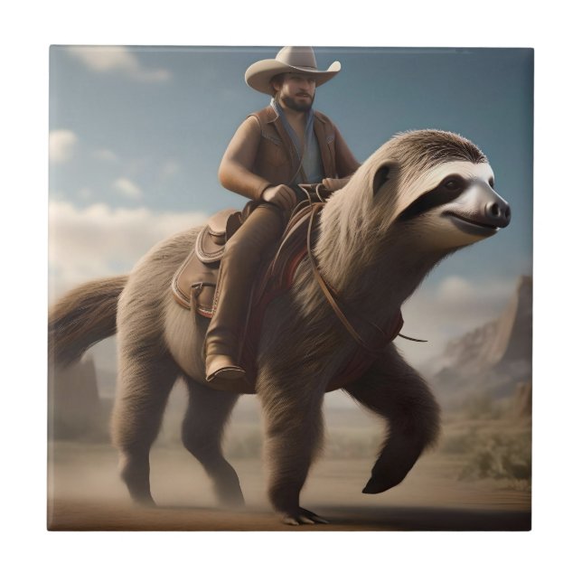 "Wild West Wonders: Cowboy Riding a Sloth Horse" Fliese (Vorderseite)