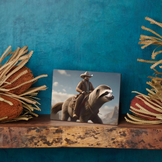 "Wild West Wonders: Cowboy Riding a Sloth Horse" Fotoplatte (Seite)