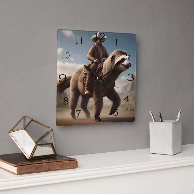 "Wild West Wonders: Cowboy Riding a Sloth Horse" Quadratische Wanduhr (Büro)
