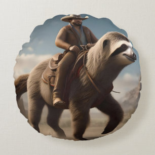 "Wild West Wonders: Cowboy Riding a Sloth Horse" Rundes Kissen