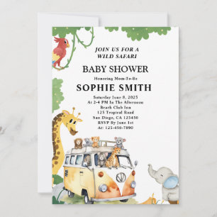 Wild Wheels Safari Animal Camper Van Baby Shower Einladung