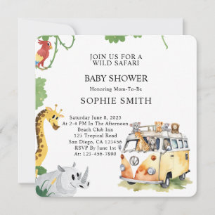 Wild Wheels Safari Animal Camper Van Baby Shower Einladung
