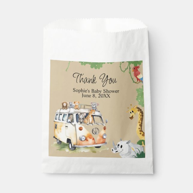 Wild Wheels Safari Animal Camper Van Baby Shower Geschenktütchen (Vorderseite)