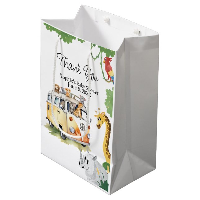 Wild Wheels Safari Animal Camper Van Baby Shower Mittlere Geschenktüte (Vorderseite Schrägansicht)