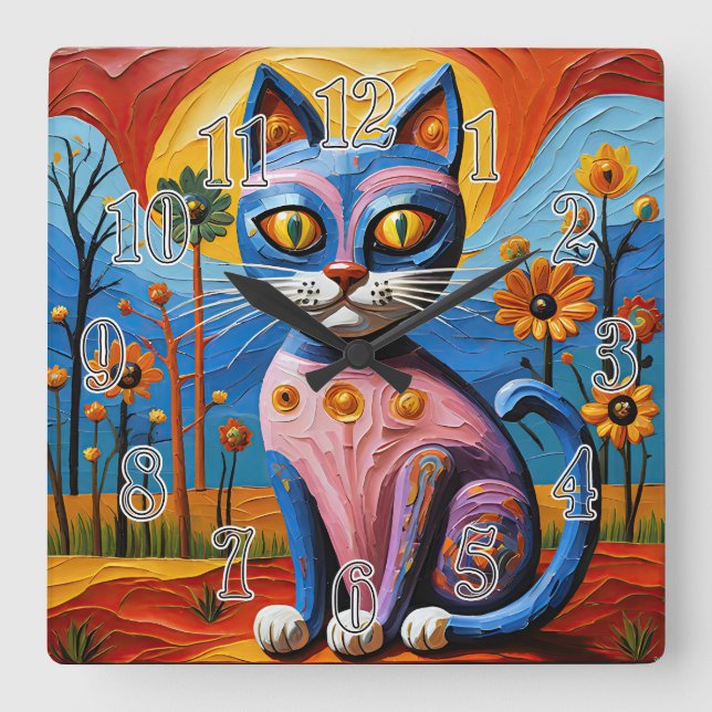 Wild Whimsical Whiskers Quadratische Wanduhr (Vorderseite)