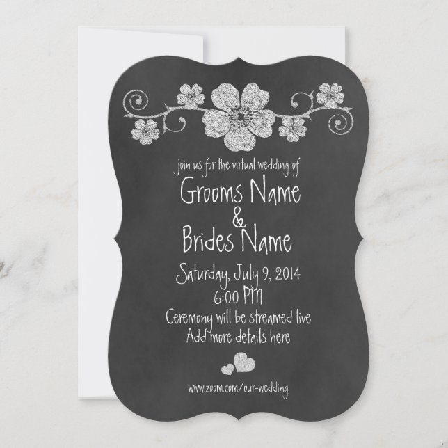 Wild White Roses Chalkboard Virtual Wedding Einladung (Vorderseite)
