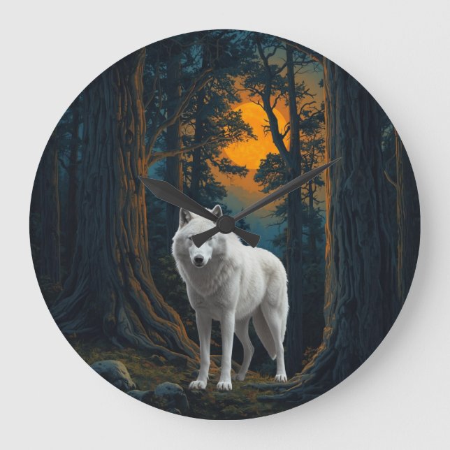 Wild White Wolf Under Moonlight Forest Animal Große Wanduhr (Vorderseite)