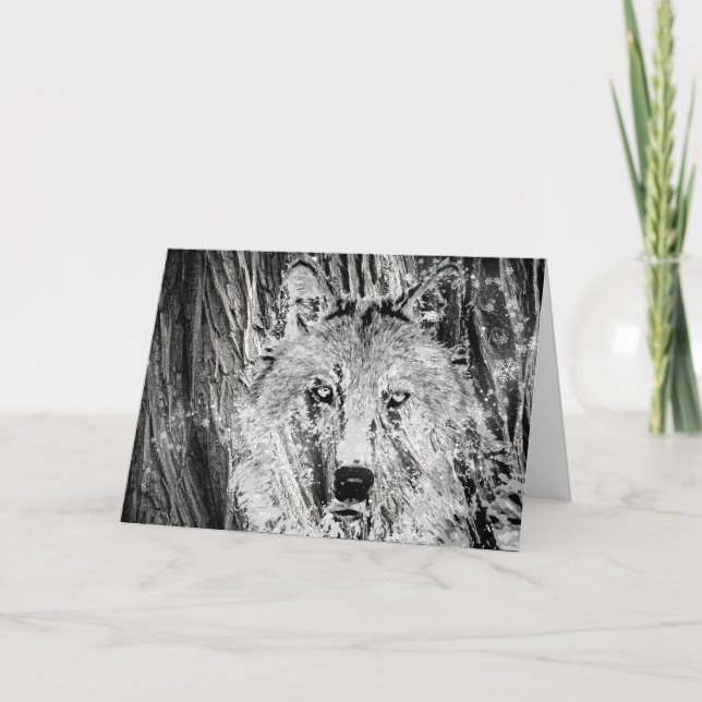 Wild Winter Wolf Camouflage Tree and Snow Birthday Karte (Vorderseite)