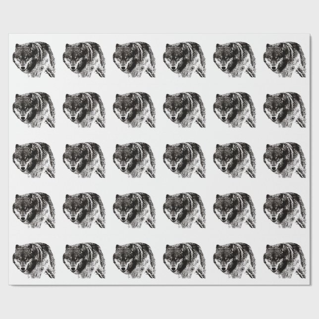 Wild Wolf Black & White Artwork Geschenkpapier (Flach)