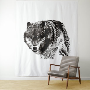 Wild Wolf Black & White Artwork Wandteppich