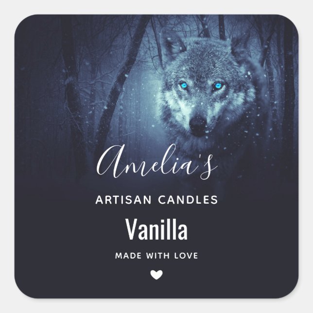 Wild Wolf mit Phantastischem Blue Eyes Candle Busi Quadratischer Aufkleber (Vorderseite)
