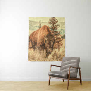 Wild Woodland Bison Wandteppich