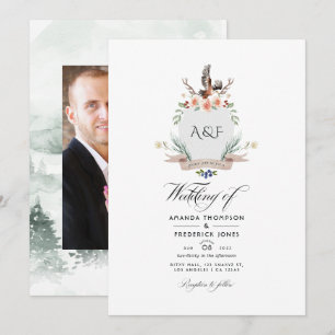Wild Woodland Laurel Wappen Wedding Foto Einladung