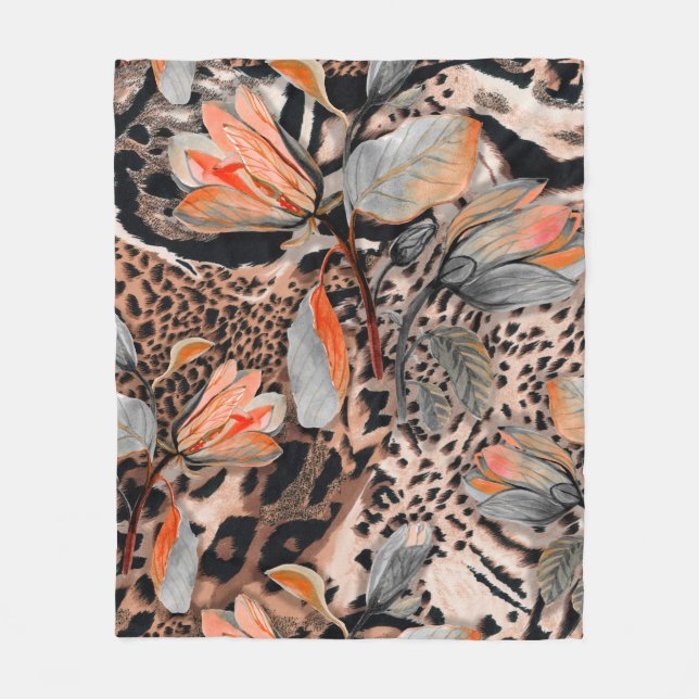 Wildafrikanische Tierhaut mit Brom-Blume-Pattern Fleecedecke (Vorderseite)