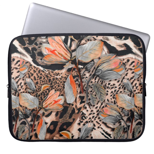 Wildafrikanische Tierhaut mit Brom-Blume-Pattern Laptopschutzhülle (Vorderseite)