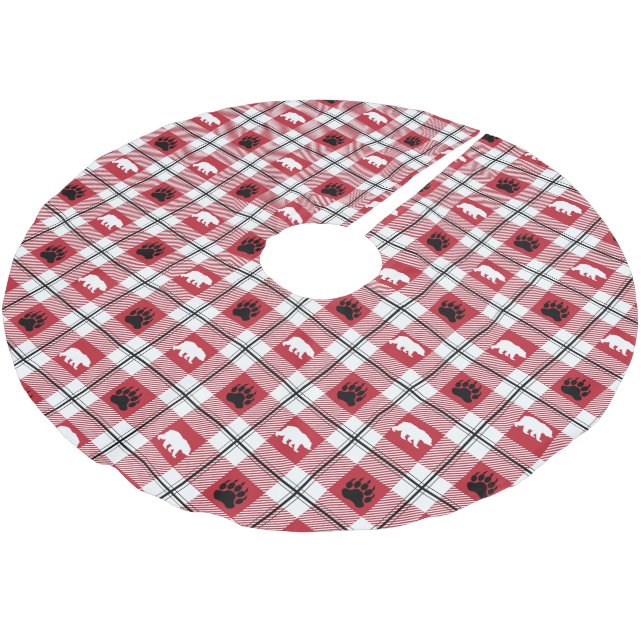 Wildbärenpaws Schwarz, Rot und Weiß Flannel Muster Polyester Weihnachtsbaumdecke (Schrägansicht)