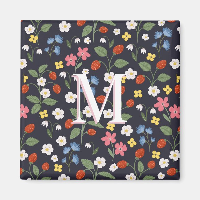 Wildbeere gemusterte mit Monogramm Marine Magnet (Vorne)