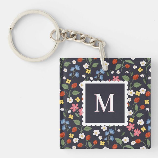 Wildbeere gemusterte mit Monogramm Marine Schlüsselanhänger (Vorderseite)