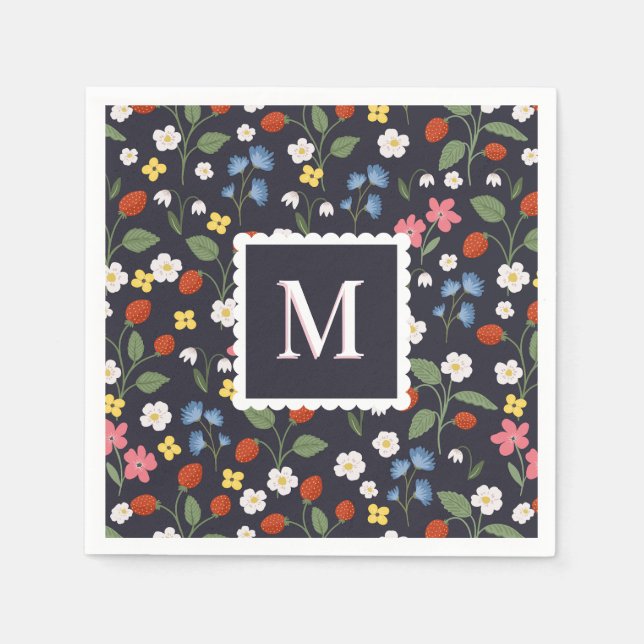 Wildbeere gemusterte mit Monogramm Marine Serviette (Vorderseite)