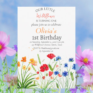 Wildblume 1 Erster Geburtstag Rote Blauer Blume Einladung