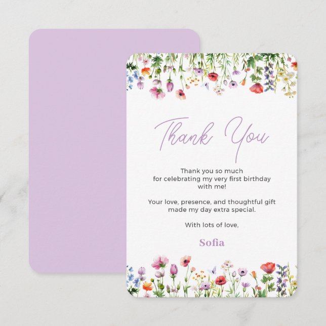 Wildblume 1. Geburtstag Dankeschön Karte (Vorne/Hinten)
