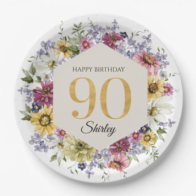 Wildblume 90. Geburtstag Personalisiert Pappteller (Vorderseite)
