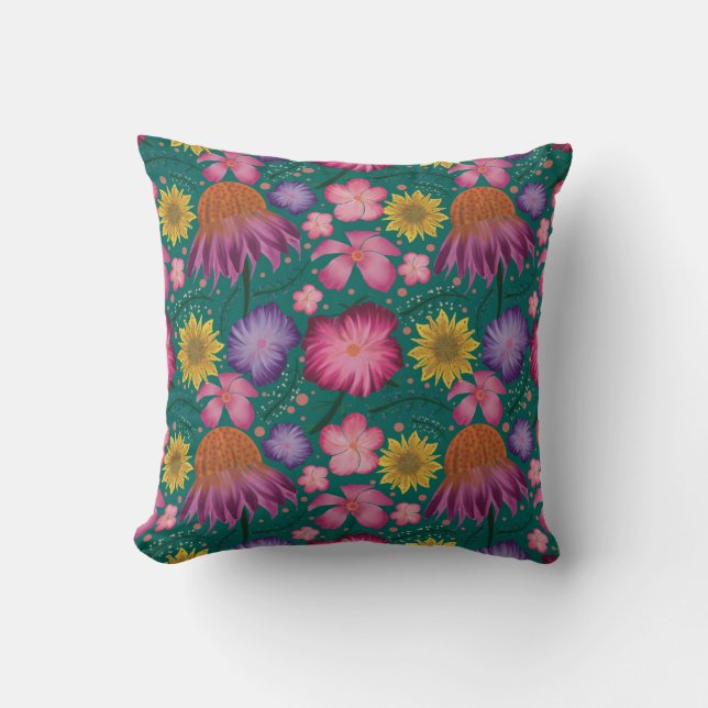 Wildblume Aquamarines Blumenmuster Kissen (Vorderseite)