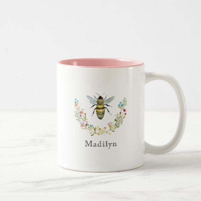 Wildblume Aquarell Bee Name Personalisiert hinzufü Zweifarbige Tasse (Rechts)
