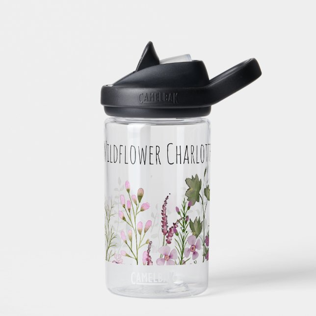 Wildblume Aquarell Name Rosa grüne botanische Farb Trinkflasche (Links)
