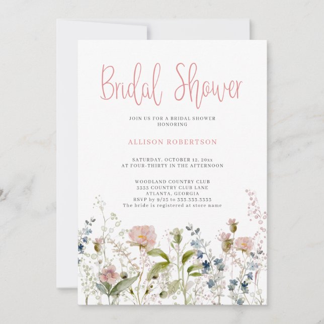 Wildblume Aquarell Rosa Brautparty Einladung (Vorderseite)