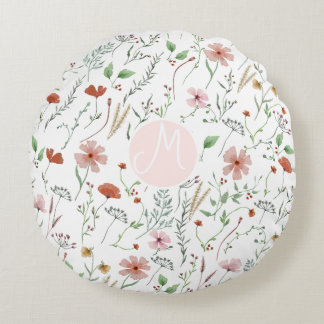 Wildblume Aquarellbogen Vintages Blumenmuster Rundes Kissen