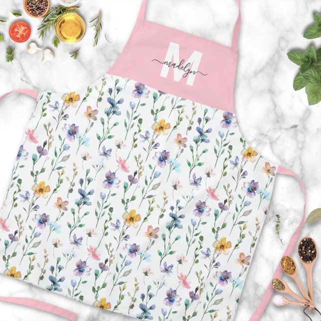 Wildblume Aquarellfarbe Rosa Individuelle Name Schürze (Wildflower Watercolor Pink Custom Name Apron)