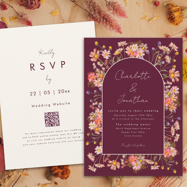 Wildblume Arch Burgund Terracotta Hochzeit im Herb Einladung (Boho chic wildflower arch burgundy terracotta burnt orange fall wedding invitation )