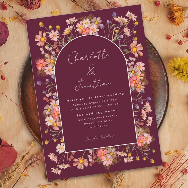 Wildblume Arch Burgundy Burnt Orange Hochzeit im H Einladung (Elegant wildflower arch burgundy burnt orange fall wedding invitation )