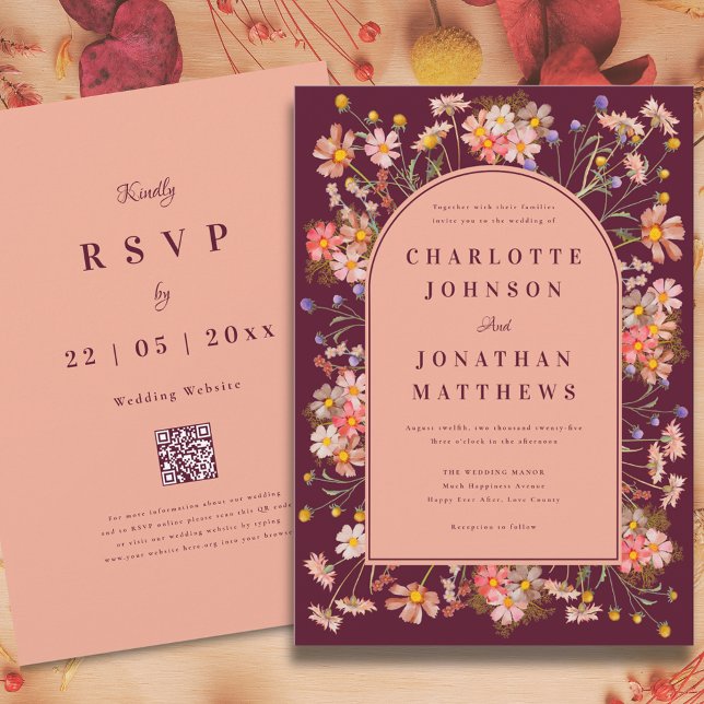 Wildblume Arch Burgundy Hochzeit im Herbst Einladung (Wildflower arch elegant burgundy fall wedding invitation peach burnt orange terracotta purple yellow)