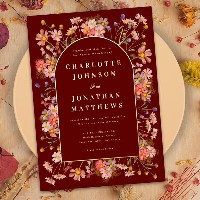 Wildblume Arch Hochzeit im Herbst Burgundy Gold Folieneinladung (Boho wildflower arch terracotta and gold foil script fall wedding invitation )