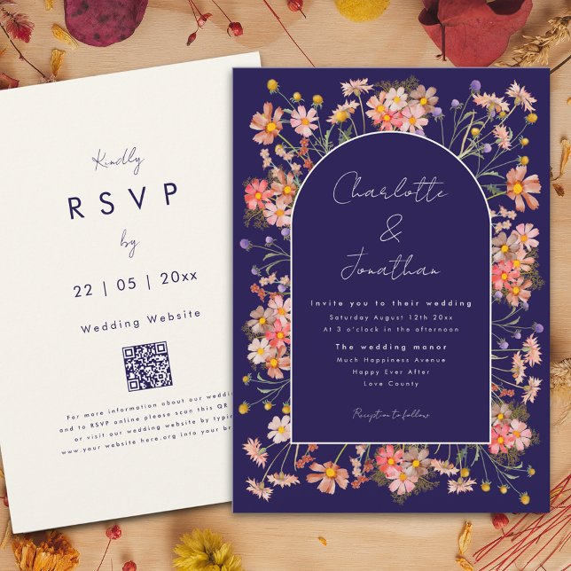 Wildblume Arch Navy Blaue Terrakotta Hochzeit im H Einladung (Wildflower arch boho script navy blue terracotta burnt orange fall wedding invitation)