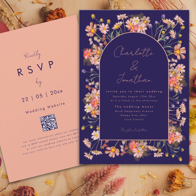 Wildblume Arch Navy Blaue Terrakotta Hochzeit im H Einladung (Wildflower arch navy blue terracotta burnt orange peach fall wedding invitation whimsical script )