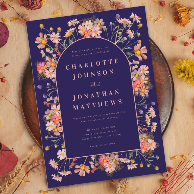 Wildblume Arch Navy Terracotta Hochzeit im Herbst Einladung (Wildflower arch elegant script navy blue peach burnt Orange terracotta fall wedding invitation )