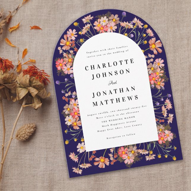 Wildblume Arch Wedding Blue Boho Fall Einladung (Navy blue boho rustic floral arch fall wedding invitation Watercolor wildflowers elegant modern )