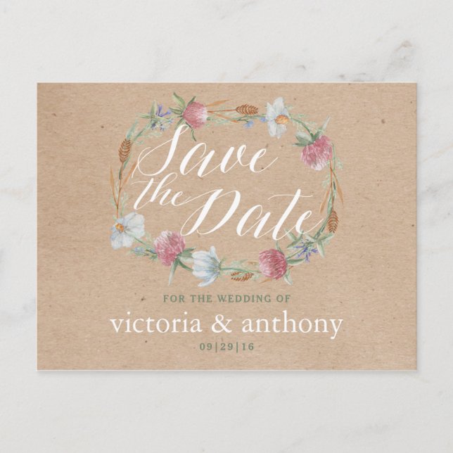 Wildblume auf Kraft Land Save the Date Ankündigungspostkarte (Vorderseite)