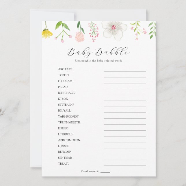 Wildblume Baby Babble Scramble Game Card Einladung (Vorderseite)