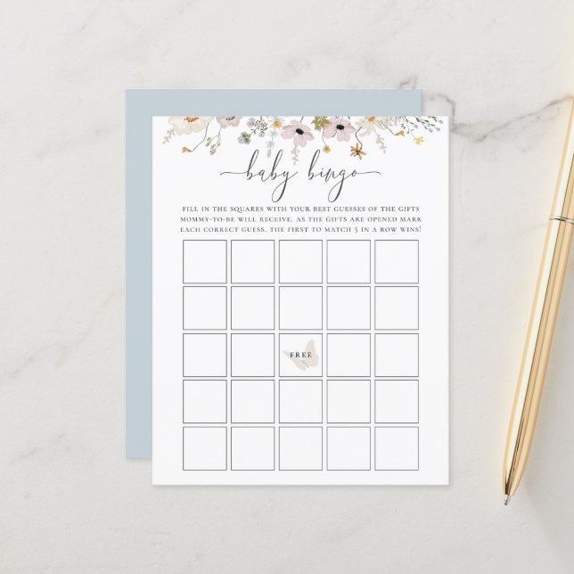 Wildblume Baby Bingo Spiel (Vorderseite/Rückseite Beispiel)