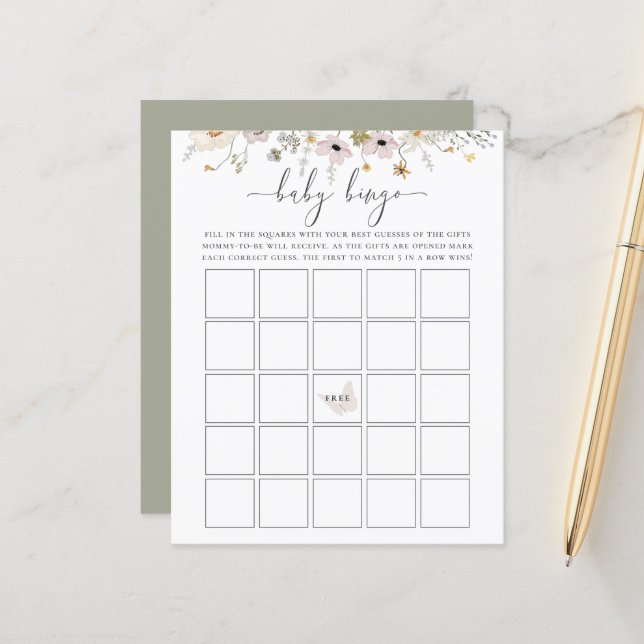 Wildblume Baby Bingo Spiel (Vorderseite/Rückseite Beispiel)