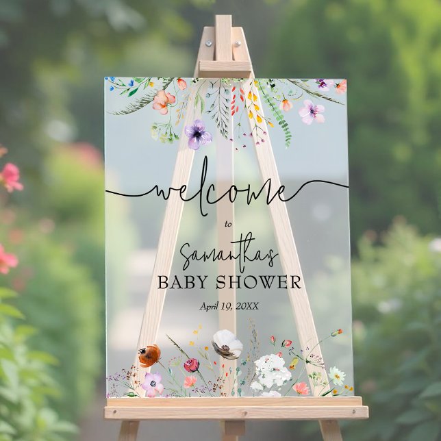 Wildblume Baby Dusche Willkommen Acrylschild (Wildflower baby shower Welcome acrylic sign, choose any size)