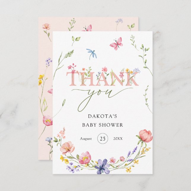 Wildblume Baby in Aquarell Willkommen Dankeskarte (Vorne/Hinten)