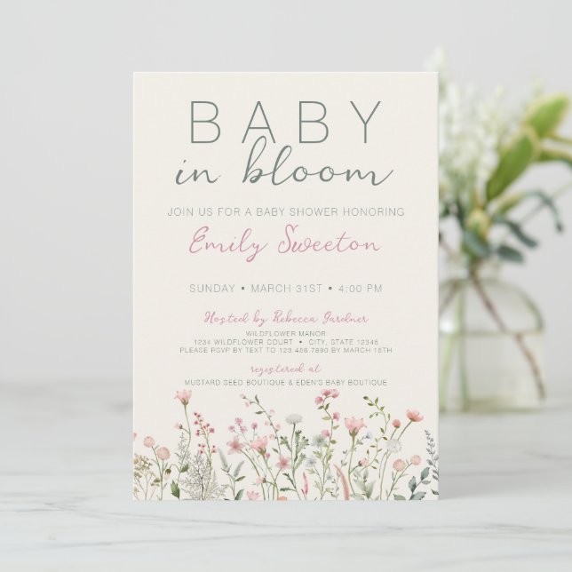 Wildblume Baby in Bloom Baby Dusche Einladung (Stehend Vorderseite)