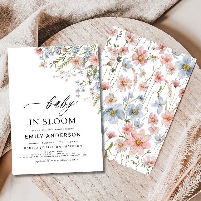 Wildblume Baby in Bloom Baby Dusche Rosa Blau Einladung (Von Creator hochgeladen)